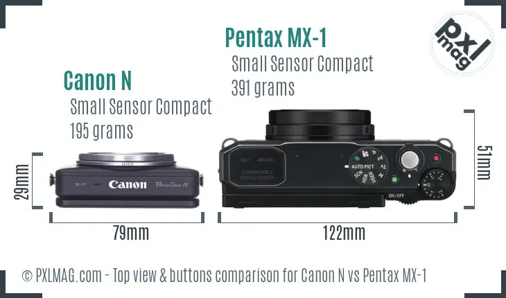 Canon N vs Pentax MX-1 top view buttons comparison