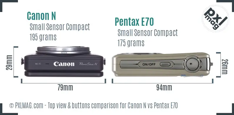 Canon N vs Pentax E70 top view buttons comparison