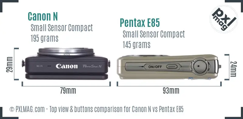 Canon N vs Pentax E85 top view buttons comparison