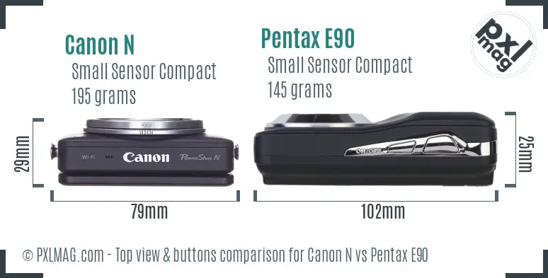 Canon N vs Pentax E90 top view buttons comparison