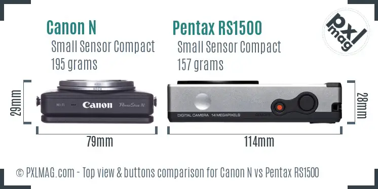 Canon N vs Pentax RS1500 top view buttons comparison Canon N vs Pentax RS1500 top view buttons comparison
