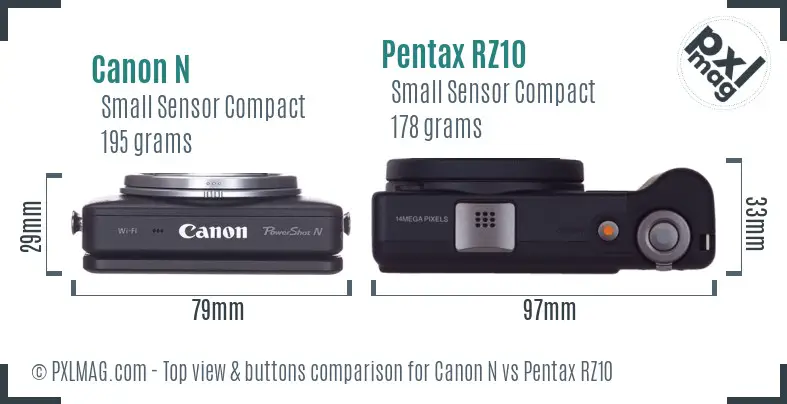 Canon N vs Pentax RZ10 top view buttons comparison
