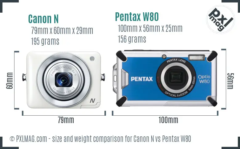 Canon N vs Pentax W80 size comparison