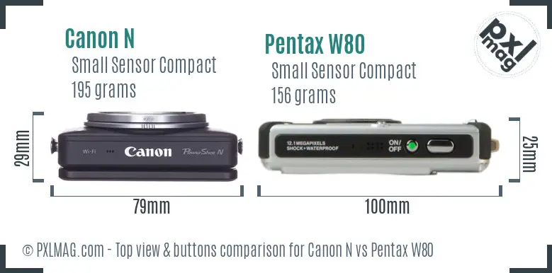 Canon N vs Pentax W80 top view buttons comparison