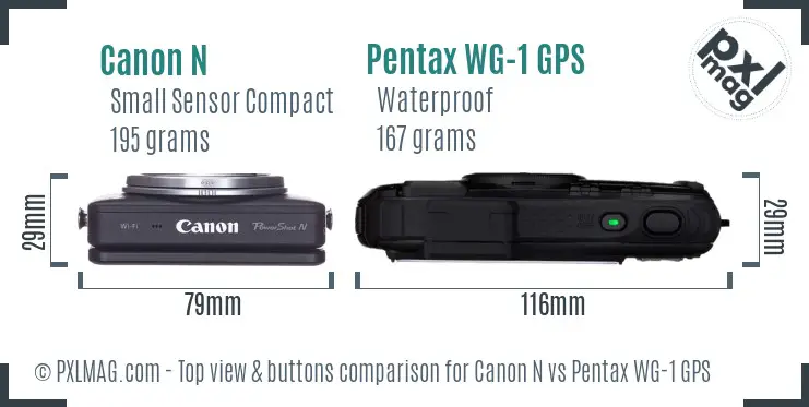 Canon N vs Pentax WG-1 GPS top view buttons comparison Canon N vs Pentax WG-1 GPS top view buttons comparison