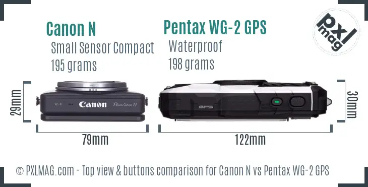 Canon N vs Pentax WG-2 GPS top view buttons comparison Canon N vs Pentax WG-2 GPS top view buttons comparison