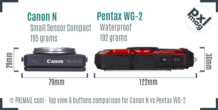 Canon N vs Pentax WG-2 top view buttons comparison