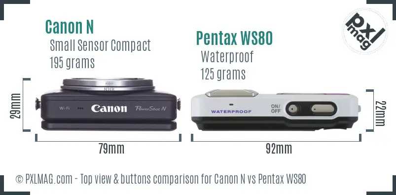 Canon N vs Pentax WS80 top view buttons comparison Canon N vs Pentax WS80 top view buttons comparison