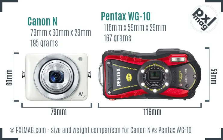 Canon N vs Pentax WG-10 size comparison