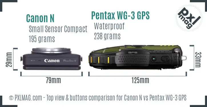 Canon N vs Pentax WG-3 GPS top view buttons comparison