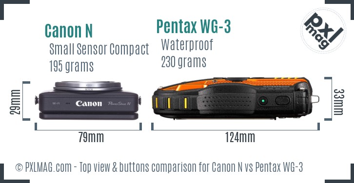 Canon N vs Pentax WG-3 top view buttons comparison