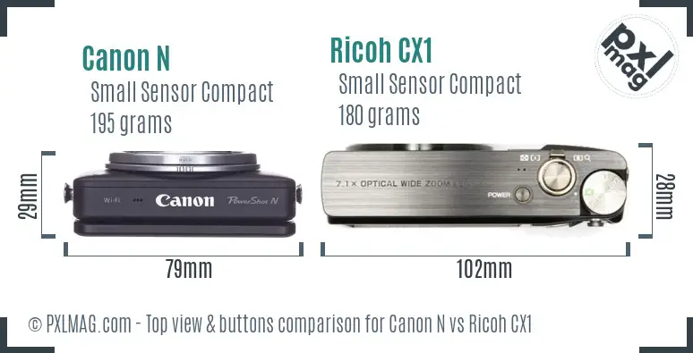 Canon N vs Ricoh CX1 top view buttons comparison