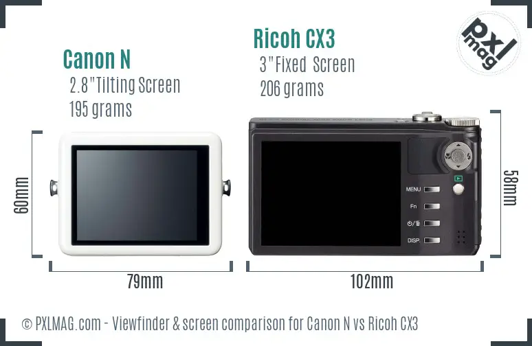 Canon N vs Ricoh CX3 Screen and Viewfinder comparison