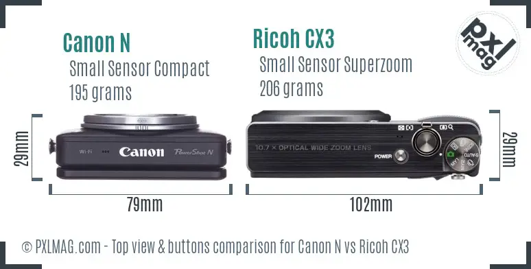 Canon N vs Ricoh CX3 top view buttons comparison