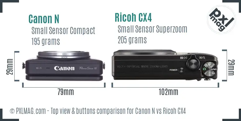 Canon N vs Ricoh CX4 top view buttons comparison