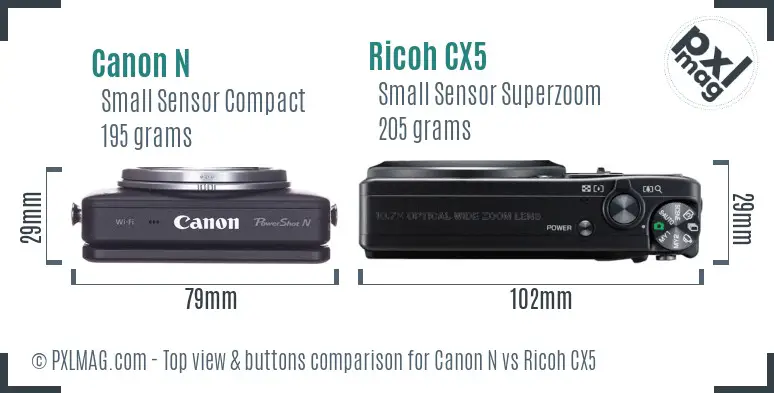 Canon N vs Ricoh CX5 top view buttons comparison Canon N vs Ricoh CX5 top view buttons comparison