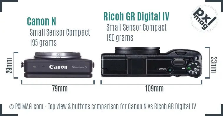 Canon N vs Ricoh GR Digital IV top view buttons comparison
