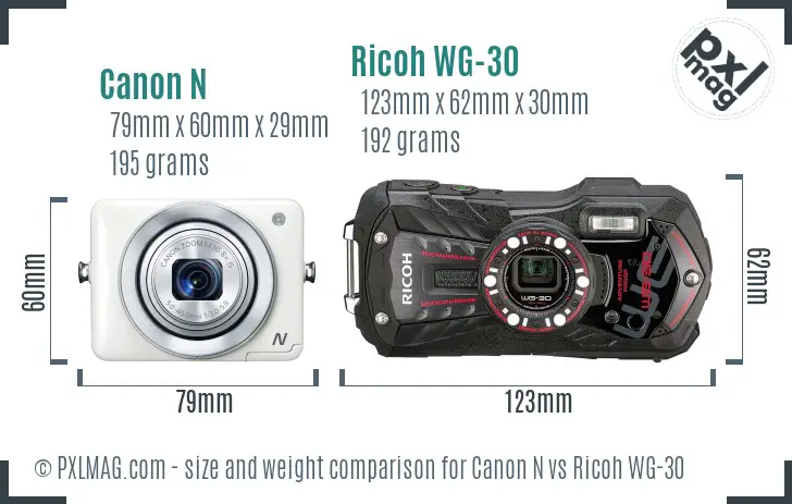 Canon N vs Ricoh WG-30 size comparison Canon N vs Ricoh WG-30 size comparison