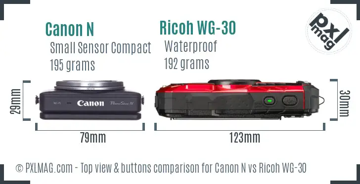 Canon N vs Ricoh WG-30 top view buttons comparison Canon N vs Ricoh WG-30 top view buttons comparison