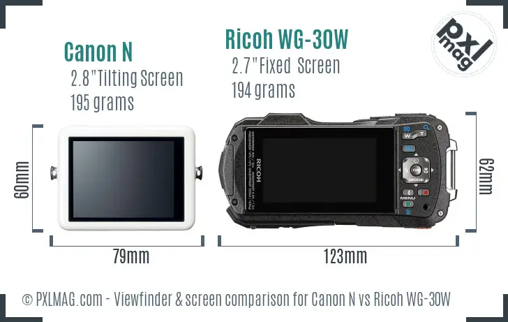 Canon N vs Ricoh WG-30W Screen and Viewfinder comparison