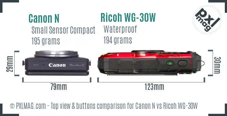 Canon N vs Ricoh WG-30W top view buttons comparison