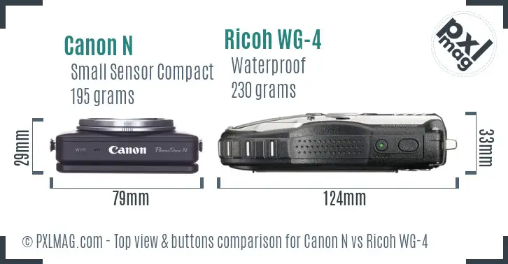 Canon N vs Ricoh WG-4 top view buttons comparison