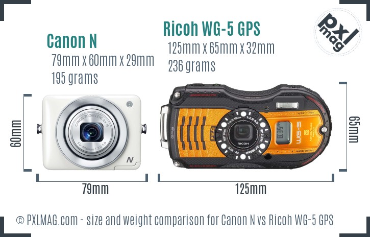 Canon N vs Ricoh WG-5 GPS size comparison