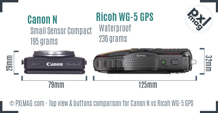 Canon N vs Ricoh WG-5 GPS top view buttons comparison