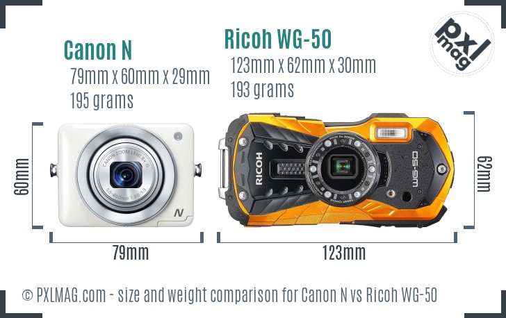 Canon N vs Ricoh WG-50 size comparison