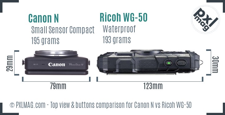 Canon N vs Ricoh WG-50 top view buttons comparison