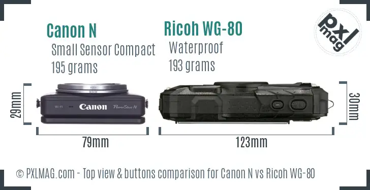 Canon N vs Ricoh WG-80 top view buttons comparison Canon N vs Ricoh WG-80 top view buttons comparison