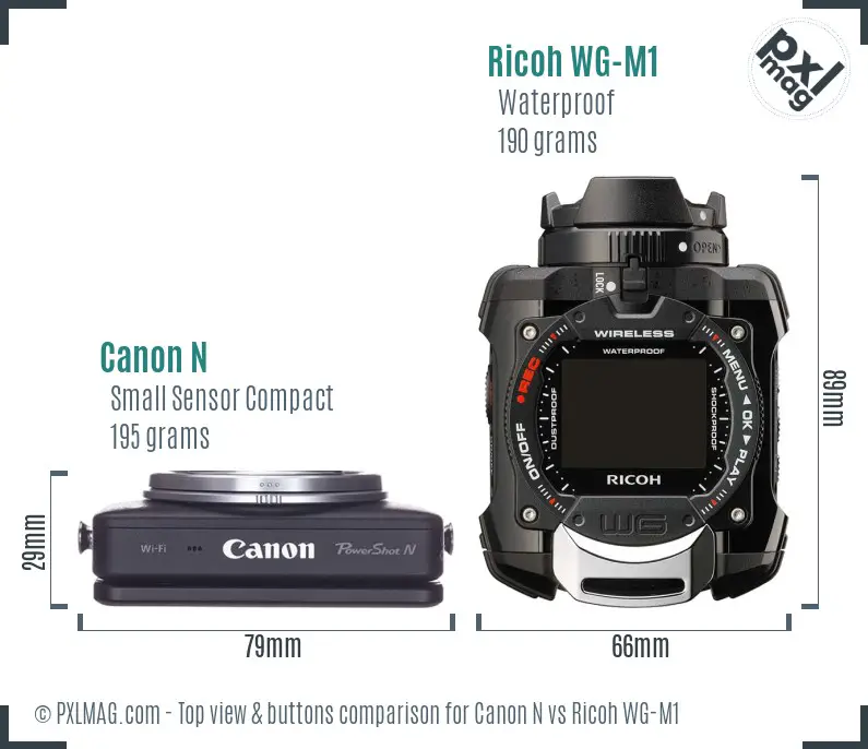 Canon N vs Ricoh WG-M1 top view buttons comparison Canon N vs Ricoh WG-M1 top view buttons comparison