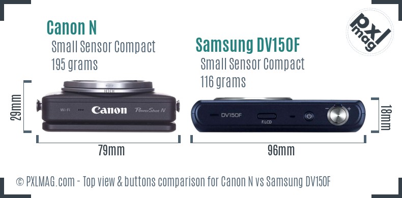 Canon N vs Samsung DV150F top view buttons comparison