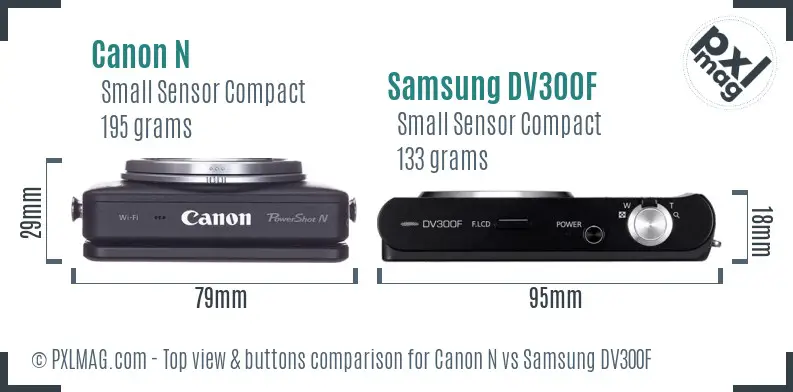 Canon N vs Samsung DV300F top view buttons comparison Canon N vs Samsung DV300F top view buttons comparison