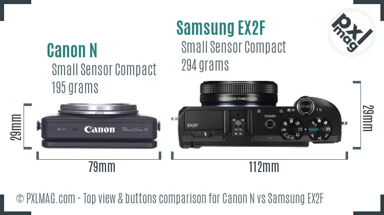 Canon N vs Samsung EX2F top view buttons comparison