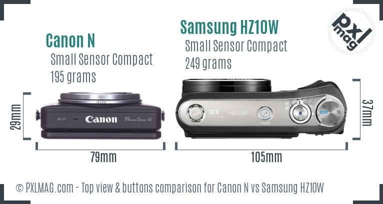 Canon N vs Samsung HZ10W top view buttons comparison