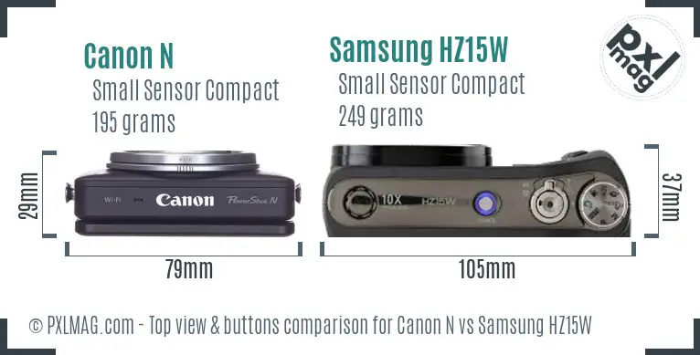 Canon N vs Samsung HZ15W top view buttons comparison Canon N vs Samsung HZ15W top view buttons comparison