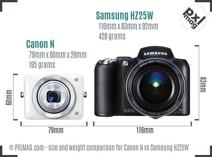 Canon N vs Samsung HZ25W size comparison