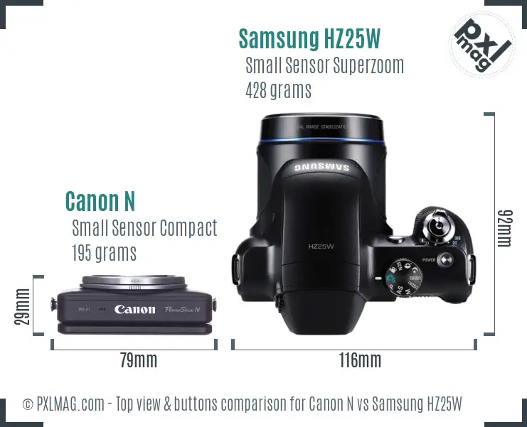 Canon N vs Samsung HZ25W top view buttons comparison