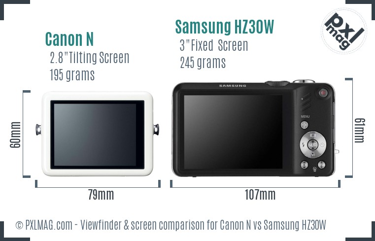 Canon N vs Samsung HZ30W Screen and Viewfinder comparison