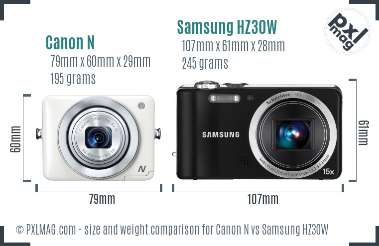 Canon N vs Samsung HZ30W size comparison
