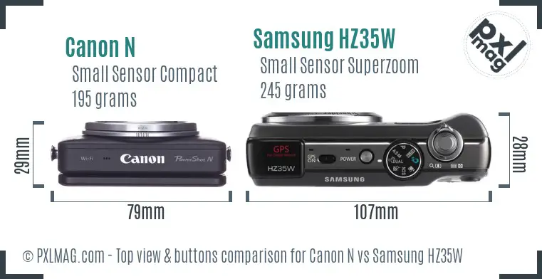 Canon N vs Samsung HZ35W top view buttons comparison