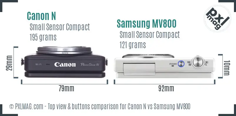 Canon N vs Samsung MV800 top view buttons comparison