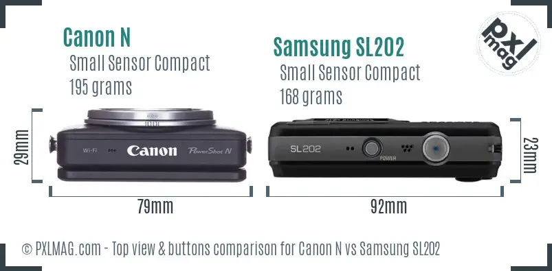 Canon N vs Samsung SL202 top view buttons comparison Canon N vs Samsung SL202 top view buttons comparison