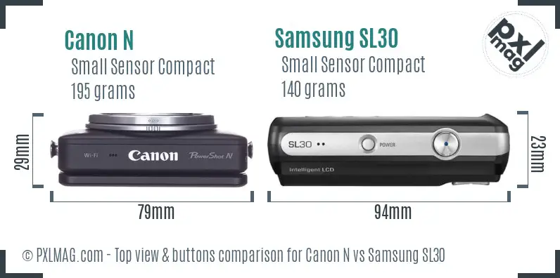 Canon N vs Samsung SL30 top view buttons comparison