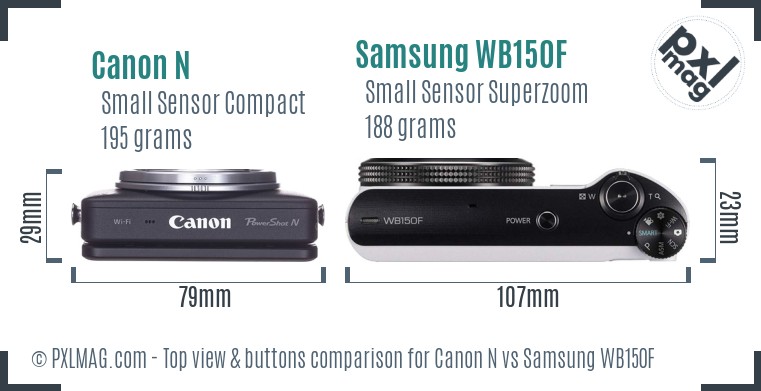 Canon N vs Samsung WB150F top view buttons comparison
