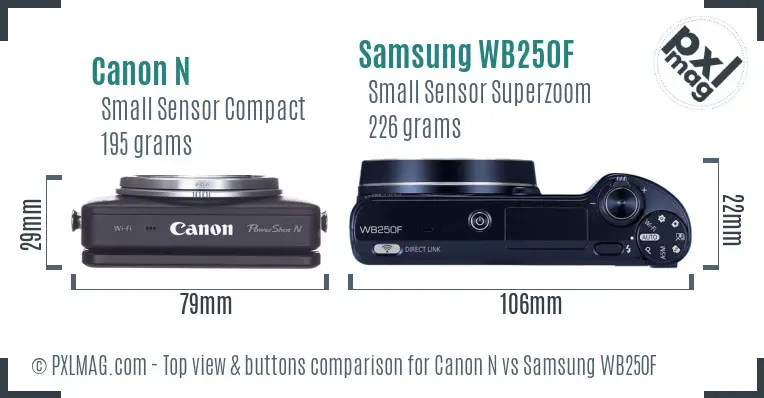Canon N vs Samsung WB250F top view buttons comparison