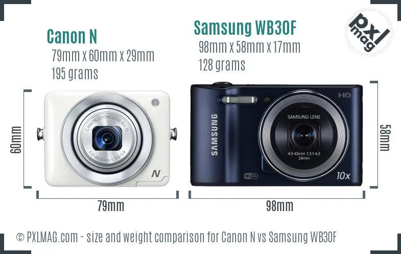 Canon N vs Samsung WB30F size comparison