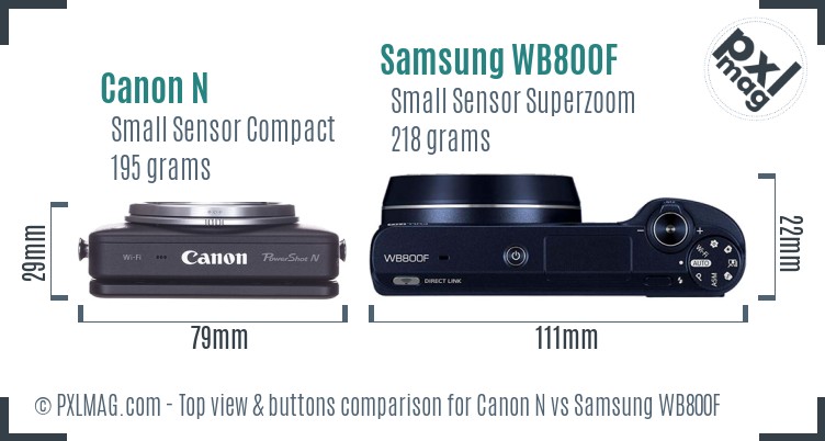 Canon N vs Samsung WB800F top view buttons comparison