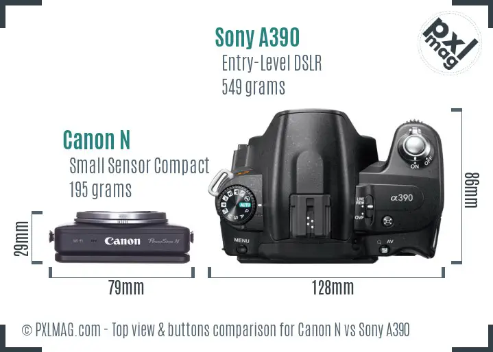 Canon N vs Sony A390 top view buttons comparison